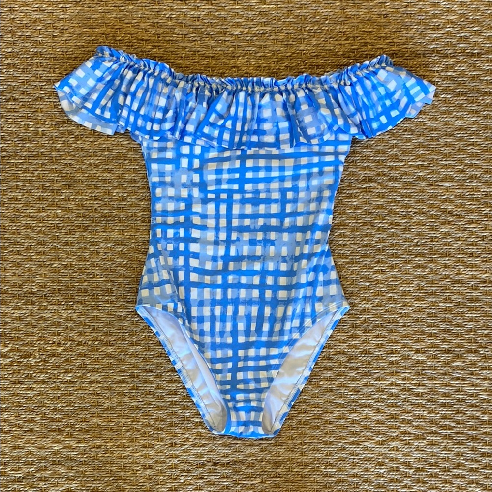 Lilly Pulitzer Blue Fiesta Gingham Off-Shoulder One-Piece Swimsuit - Picture 4 of 8